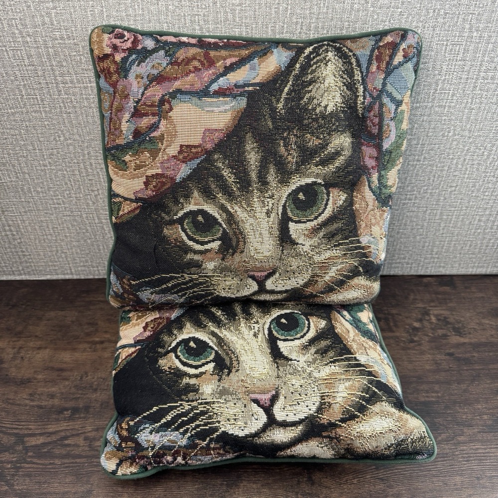 Set Of 2 Vintage Cat Tapestry Decorative Throw Pillows 12" Square No Tag